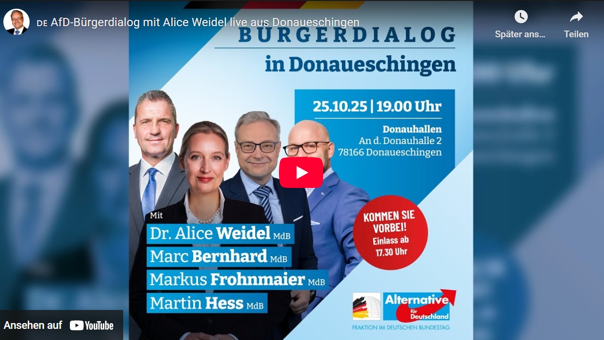 Mehr über den Artikel erfahren 🇩🇪 AfD-Bürgerdialog mit Alice Weidel live aus Donaueschingen