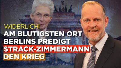 Mehr über den Artikel erfahren Widerlich! An Berlins blutigstem Ort predigt Strack-Zimmermann den Krieg