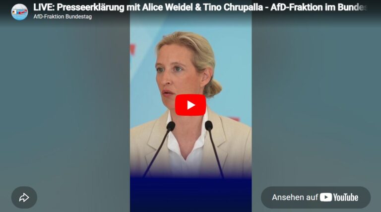 Mehr über den Artikel erfahren LIVE: Presseerklärung mit Alice Weidel & Tino Chrupalla – AfD-Fraktion im Bundestag