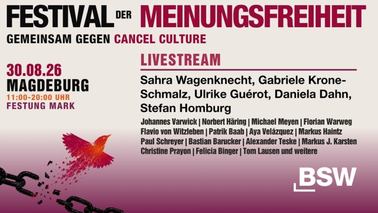 Mehr über den Artikel erfahren LIVESTREAM: BSW-Festival der Meinungsfreiheit in Magdeburg – gemeinsam gegen Cancel Culture!