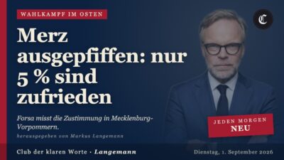 Mehr über den Artikel erfahren Merz ausgepfiffen: nur 5 % sind zufrieden · mehr in diesem Morgenbriefing vom 01.09.2026